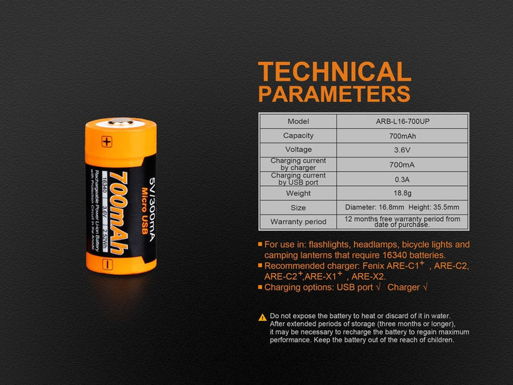 Fenix ARB-L16-700UP USB Rechargeable 16340 Battery - Fenix Store