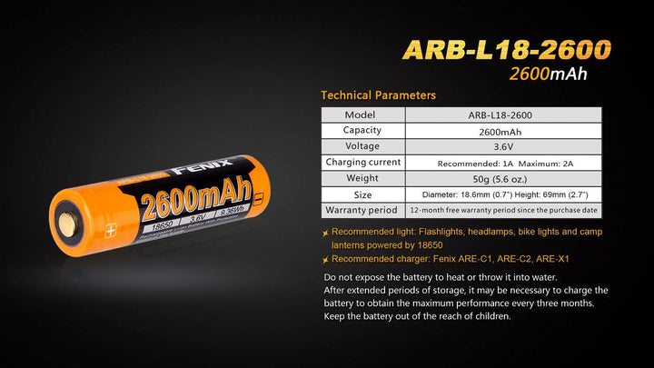 Fenix ARB-L18-2600 High-Capacity 18650 Battery - 2600mAh - Fenix Store