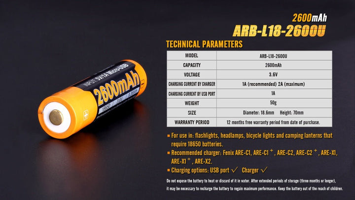 Fenix ARB-L18-2600U USB Rechargeable Li-ion 18650 Battery - Fenix Store