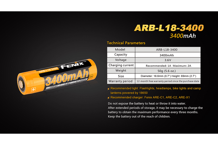Fenix ARB-L18-3400mAh Rechargeable 18650 Battery - Fenix Store
