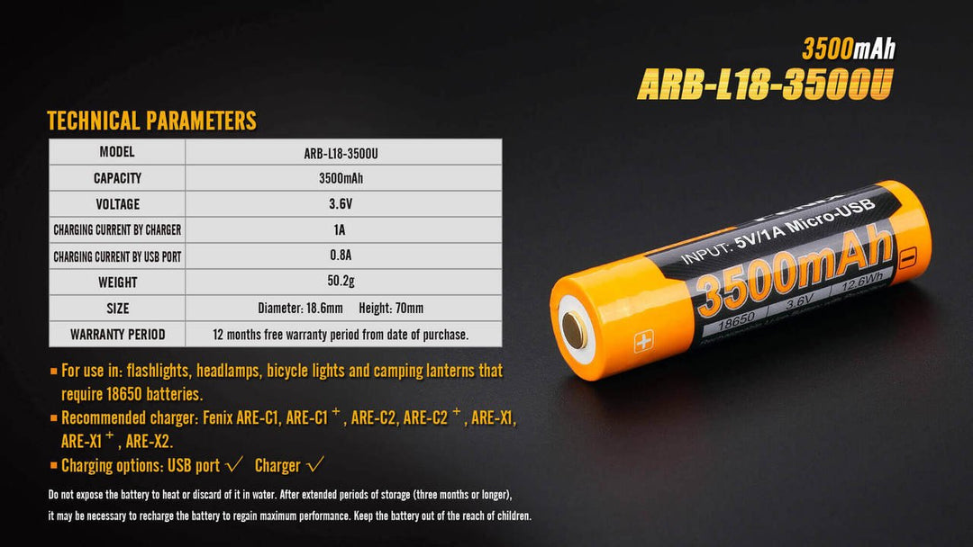 Fenix ARB-L18-3500U USB Rechargeable Li-ion 18650 Battery - Fenix Store