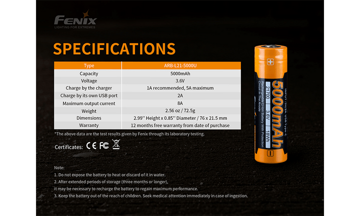 Fenix ARB-L21-5000U Rechargeable 21700 Battery - Fenix Store