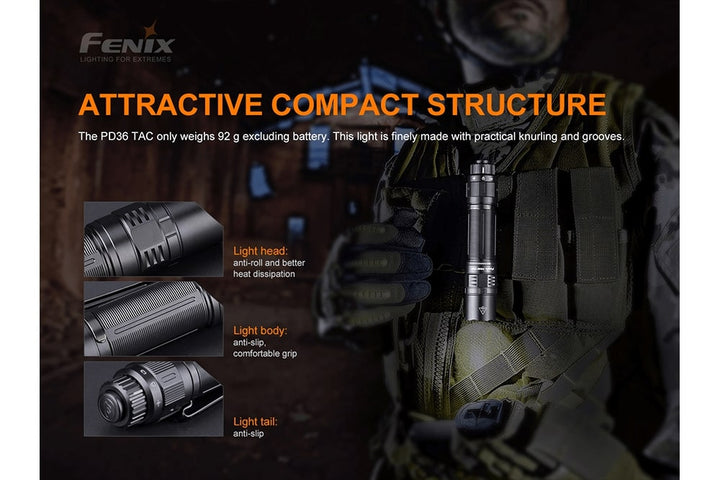 Several photos showing detailed images of the Fenix PD36 TAC Tactical Flashlight 